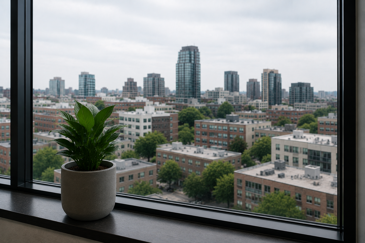 A modern Kivosolv office with a city skyline view, branded notebook, mug, and a stack of operations strategy books.