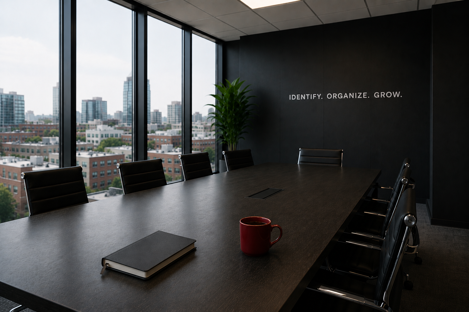A Kivosolv conference room with the Identify. Organize. Grow. wall mark, overlooking a city skyline.